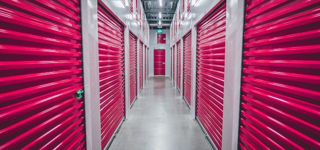 a line of storage units in a building.