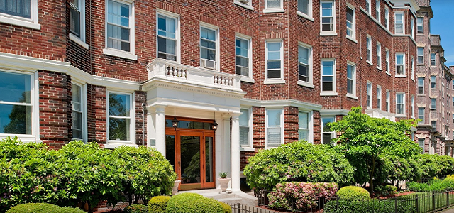 A front view of The Fenway & Back Bay Portfolio brick apartments in Boston, MA.